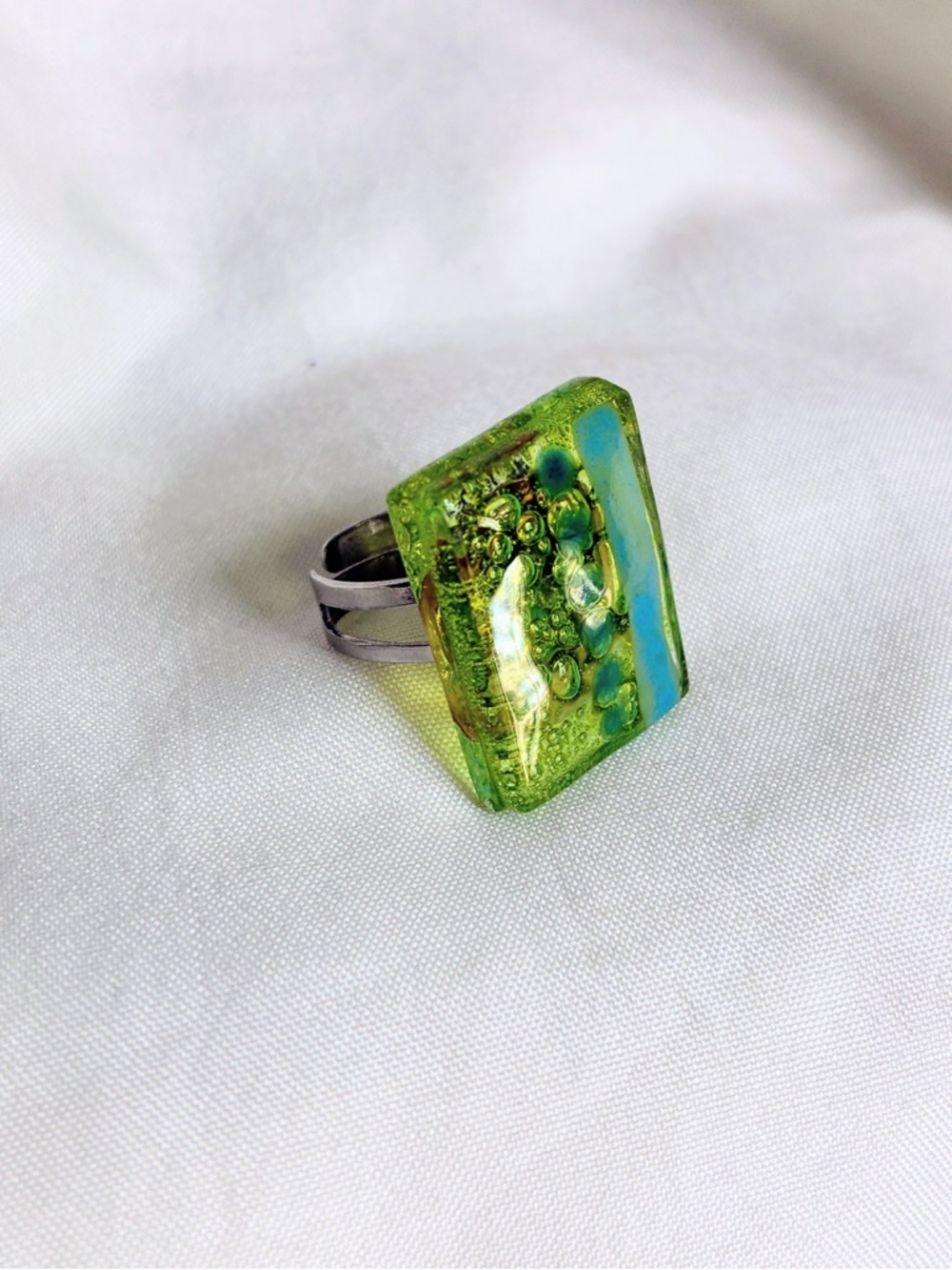 Green Fused Glass Statement Ring - Adjustable Women’s Jewelry